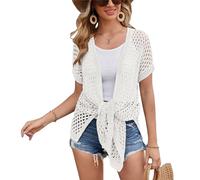GRACE KARIN Women's Long Mesh Cardigan Sweater Lightweight Short Sleeve Summer Cardigan Dressy Knitted Tops Work Blouses Ivory M