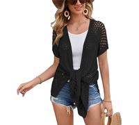 GRACE KARIN Women's Long Mesh Cardigan Sweater Lightweight Short Sleeve Summer Cardigan Dressy Knitted Swimsuit Cover Up Summer Tops Black M