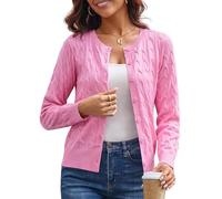 GRACE KARIN Womens Long Sleeve Button Up Cable Knit Cardigan Lightweight 2026 Crewneck Button Down Sweaters for Women, Pink, XL