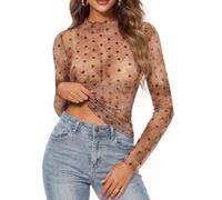GRACE KARIN Women's Long Sleeve Mesh Tops Lace Blouse Sexy Sheer Shirt | See-Through T-Shirt, Sexy Mesh Tops for Women UK, High Neck Tops, Sheer Velvet Blouses, Party Evening Going Out Wear