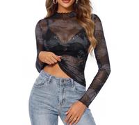 GRACE KARIN Women's Long Sleeve Mesh Tops Lace Blouse Sexy Sheer Shirt | See-Through T-Shirt, Sexy Mesh Tops for Women UK, High Neck Tops, Sheer Velvet Blouses, Party Evening Going Out Wear