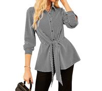 GRACE KARIN Women's Long Sleeve Striped Blouse Smart Casual Button Down Shirt Elastic Waist Tie Front Top Black M