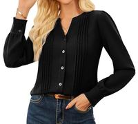 GRACE KARIN Women's Long Sleeve V Neck Tops Fashion Pleated Blouse Solid Color Button Down Shirt Black M