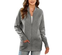 GRACE KARIN Women's Long Sleeve Zip Up Knit Cardigan with Pockets Stand Collar Full Zip Sweater Coat Lightweight, Dark Heather Gray, XL