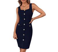 GRACE KARIN Women's Navy Blue Mini Dress with Belt Square Neck Button Sleeveless Wrap Dress for Various Occasions, Size M
