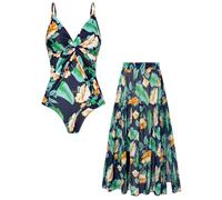 GRACE KARIN Women's One Piece Swimsuit, V-Neck Monokini with Elegant Floral Print, 2-Piece Set with Cover-Up Skirt & Tummy Control Navy Blue-Brown Floral M