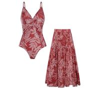 GRACE KARIN Women's One Piece Swimsuit, V-Neck Monokini with Elegant Floral Print, 2-Piece Set with Cover-Up Skirt & Tummy Control White Floral on red S