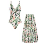 GRACE KARIN Women's One Piece Swimsuit, V-Neck Monokini with Elegant Floral Print, 2-Piece Set with Cover-Up Skirt & Tummy Control Green Leaves Orange Floral S
