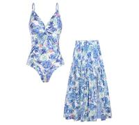 GRACE KARIN Women's One Piece Swimsuit, V-Neck Monokini with Elegant Floral Print, 2-Piece Set with Cover-Up Skirt & Tummy Control Blue Green Floral on White S