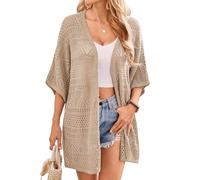 GRACE KARIN Womens Open Front Crochet Cardigans 2025 Short Sleeve Lightweight Sweater Summer Knit Oversized Kimono Cardigans Vacation Outfits Light Khaki M