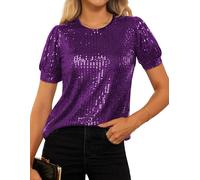 GRACE KARIN Women's Party Tops Cocktail Sequin Top Short Sleeve Glitter Shirt Round Neck Short Sleeves Dark Purple XXL