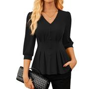 GRACE KARIN Women's Pleated V-Neck Blouse with 3/4 Sleeves Solid Color Casual Work T-Shirt with Decorative Buttons Black S