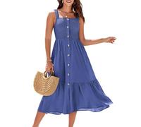GRACE KARIN Women's Plus Size Dress Boho Elastic Strap Button Down Front Slit Smocked A Line Swing Maternity Baby Shower Long Dress with Pockets Roral Blue XL