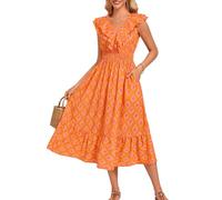 GRACE KARIN Women's Print Dress Ruffle Sleeve V-Neck A-Line Dress Side Slit Beach Holiday Dress Yellow Pink Flower S