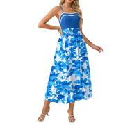 GRACE KARIN Women's Printed A-Line Maxi Strappy Dress Summer Casual Boho Sundress with Side Pockets Blue S