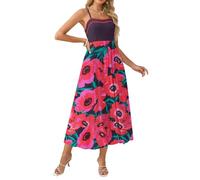 GRACE KARIN Women's Printed A-Line Maxi Strappy Dress Summer Casual Boho Sundress with Side Pockets Pink-Black S
