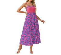 GRACE KARIN Women's Printed A-Line Maxi Strappy Dress Summer Casual Boho Sundress with Side Pockets Red-Blue S