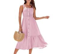 GRACE KARIN Women's Prom Dress Summer Boho Spaghetti Strap Ruffle Button Down Casual Smocked Solid Colour Vacation A Line Cami Midi Pink Dress with Pockets S