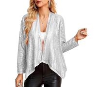 GRACE KARIN Women's Sequin Jacket Elegant Sparkly Wedding Guest Vintage Gown Long Sleeve Shrug Sequin Kimono Cover Up Silver XXL