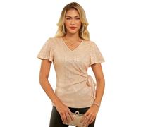 GRACE KARIN Women's Sequin Party Going Out Top Short Flounce Sleeve Wrap Blouse Gold L