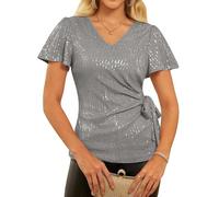 GRACE KARIN Women's Sequin Party Going Out Top Short Flounce Sleeve Wrap Blouse Grey L