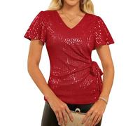 GRACE KARIN Women's Sequin Party Going Out Top Short Flounce Sleeve Wrap Blouse Red XL