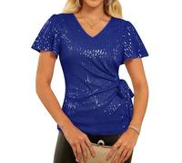 GRACE KARIN Women's Sequin Party Going Out Top Short Flounce Sleeve Wrap Blouse Royal Blue L