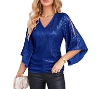 GRACE KARIN Women's Sequin Tops 3/4 Sleeve V-Neck Wrap Sparkly Glitter Party Tops Royal Blue XL