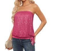 GRACE KARIN Women's Sequin Tops Elastic Hem Strapless Sleeveless Party Tops Rose Red XL
