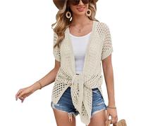 GRACE KARIN Women's Short Sleeve Cardigans Open Front Mesh Sweater Swimsuit Cover Ups Mesh Top Coverup Apricot L