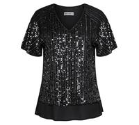 GRACE KARIN Women's Short Sleeve Party Blouses Dreesy V Neck Sparkling Sequined Tops Loose Fit Solid Color Vest Black L