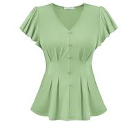 GRACE KARIN Women's Short Sleeve Summer Tops V-Neck Ruffle Pleated Blouses