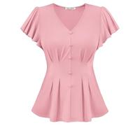 GRACE KARIN Women's Short Sleeve Summer Tops V-Neck Ruffle Pleated Blouses
