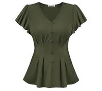 GRACE KARIN Women's Short Sleeve Summer Tops V-Neck Ruffle Pleated Blouses