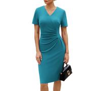 GRACE KARIN Women's Short Sleeve V-Neck Cocktail Dress, Fitted with Draping and Back Slit, Office Wear Teal Green L