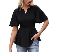 GRACE KARIN Women's Short Sleeves Slim Fit Blouses Elegant V Neck Ruffle Hem Tops Business Work Shirts Black L
