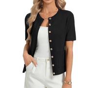GRACE KARIN Women's Short Sleeves Solid Knit Cardigan Round Neck Button Tops with Pockets Black S