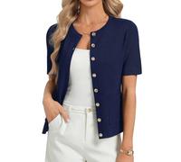 GRACE KARIN Women's Short Sleeves Solid Knit Cardigan Round Neck Button Tops with Pockets Navy Blue S