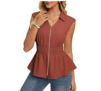 GRACE KARIN Women's Sleeveless Zip Up Blouse Elegant Collared Tops Summer Elastic Waist Top Business Caual Outfit Brick Red M