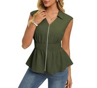 GRACE KARIN Women's Sleeveless Zip Up Blouse Elegant Collared Tops Summer Elastic Waist Top Business Caual Outfit Army Green XL