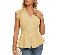 GRACE KARIN Women's Sleeveless Zip Up Blouse Elegant Collared Tops Summer Elastic Waist Top Business Caual Outfit Light Yellow S
