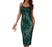 GRACE KARIN Women's Spaghetti Pencil Dress with Glitter Sequins - Elegant Evening Party Dress in Dark Green with Slit Size 10