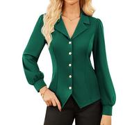 GRACE KARIN Women's Stretchy Slim Fit Wrap Blouse Lapel Collar Autumn Fall Button Shirt Business Formal Work Blouse Dark Green M
