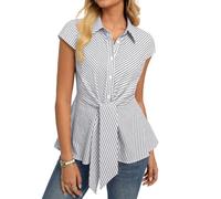 GRACE KARIN Women's Striped Tops Summer Peplum Cotton Shirt Smart Casual Office Work Blouse Tie Front Cap Sleeve Tunic Grey S