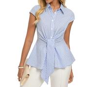 GRACE KARIN Women's Striped Tops Summer Peplum Cotton Shirt Smart Casual Office Work Blouse Tie Front Cap Sleeve Tunic Light Blue M
