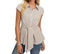 GRACE KARIN Women's Striped Tops Summer Peplum Cotton Shirt Smart Casual Office Work Blouse Tie Front Cap Sleeve Tunic Light Brown S