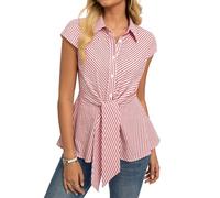 GRACE KARIN Women's Striped Tops Summer Peplum Cotton Shirt Smart Casual Office Work Blouse Tie Front Cap Sleeve Tunic Red S
