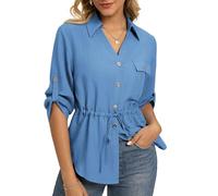 GRACE KARIN Women's Summer 3/4 Sleeve Blouses Casual V Neck Linen Lyocell Tops Lightweight Button Down Office Going Out Shirts Blue S
