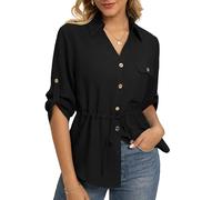 GRACE KARIN Women's Summer 3/4 Sleeve Blouses Casual V Neck Linen Lyocell Tops Lightweight Button Down Office Going Out Shirts Black L