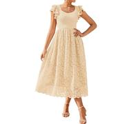 GRACE KARIN Women's Summer A-Line Maxi Dress Elastic Waist Ruffle Lace Beach Dresses Short Sleeve Sundress Beige XL
